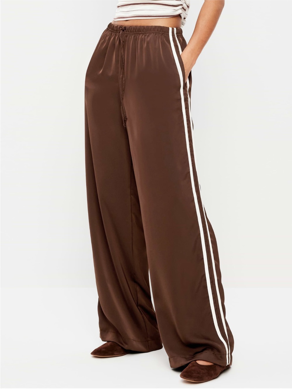 Viral sold out old navy satin Wide Leg Track Pants with Side Stripes Earthen